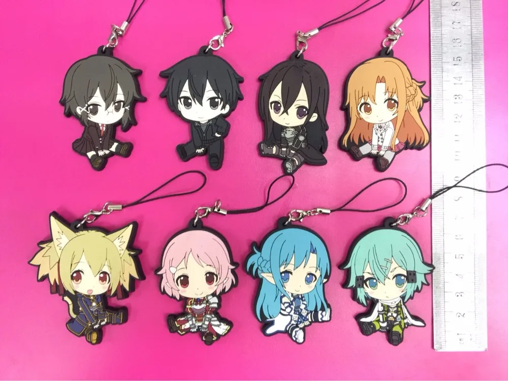 

8 Pcs/set Anime Sword Art Online SAO pvc figure toy Rubber phone strap keychain pendant toys