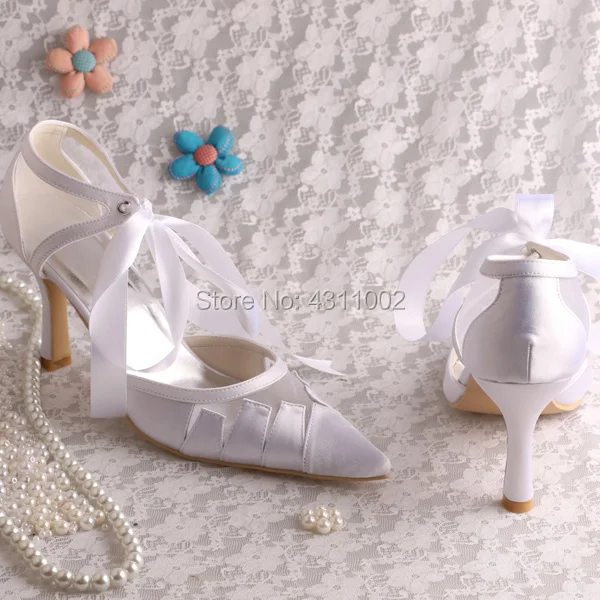 White Satin Bridal Shoes Pointed Toe Ribbon High Heel Ladies Dress Shoes