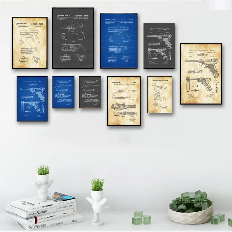 

Glock Pistol Luger Pistol M1 Garand Rifle Machine Hand Guard Smith Wesson Thompson Winchester Blueprint Canvas Poster NoFrame