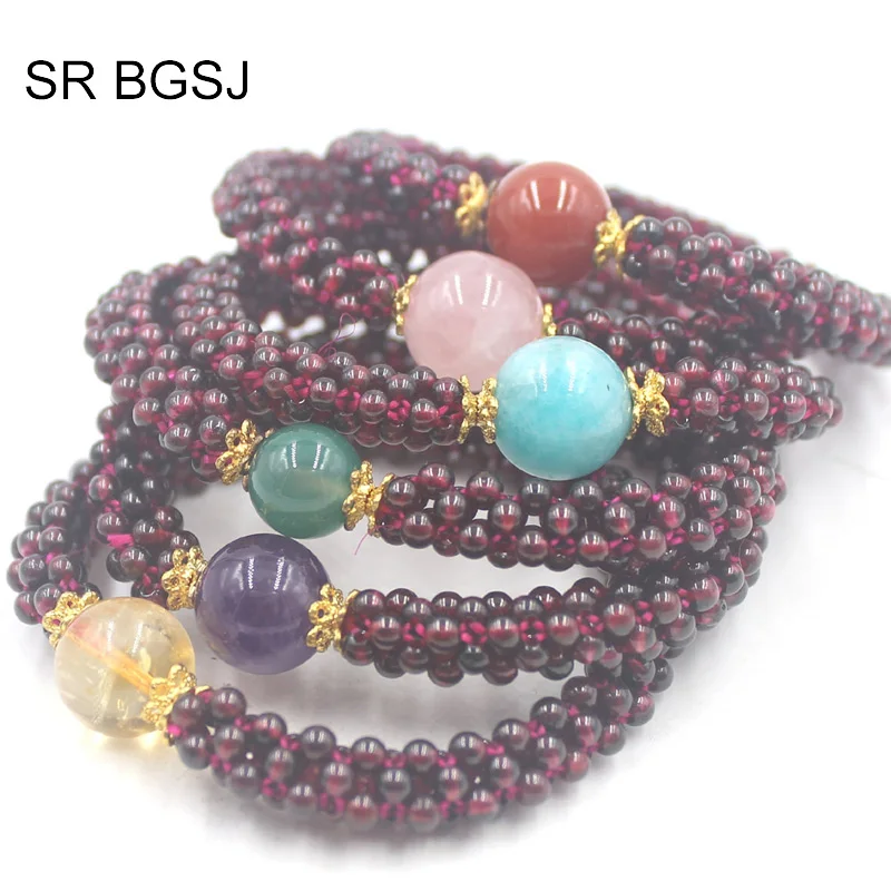 

Free Shipping Natural Red Stone Garnet Gems Handmade Stretchy Bangle Women Stone Bracelet 7.5"