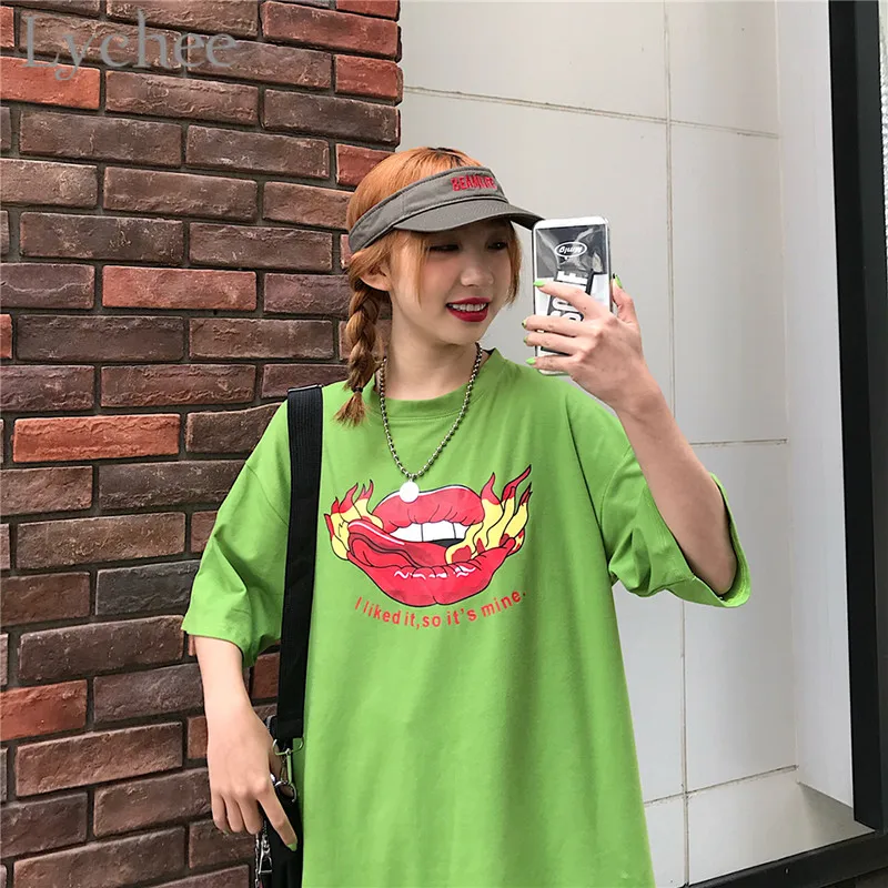 Женская футболка с надписью Lychee Harajuku летняя зеленая коротким рукавом и круглым