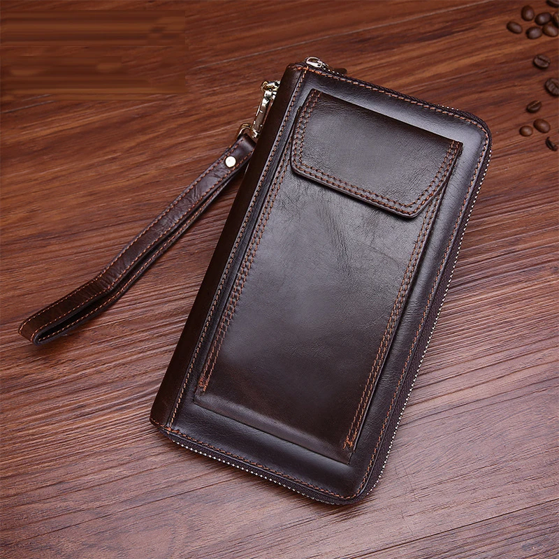 

Oil Wax Genuine Leather Men Handy Purse Money Wrist Bag Multi-Cards Holder Coin Pocket Cowhide Casual Zipper Clutch Long Wallet