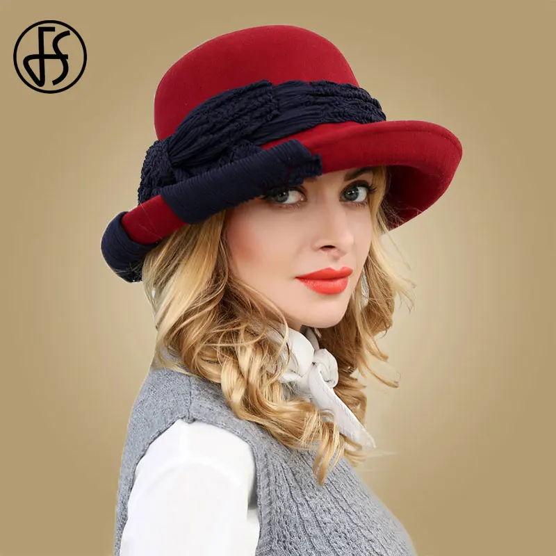 

FS Vintage Wool Top Hat For Womens Wide Brim Felt Fedora Lady Bowler Cloche Hats Bow Black Red Fedoras Church Chapeu de Feltro