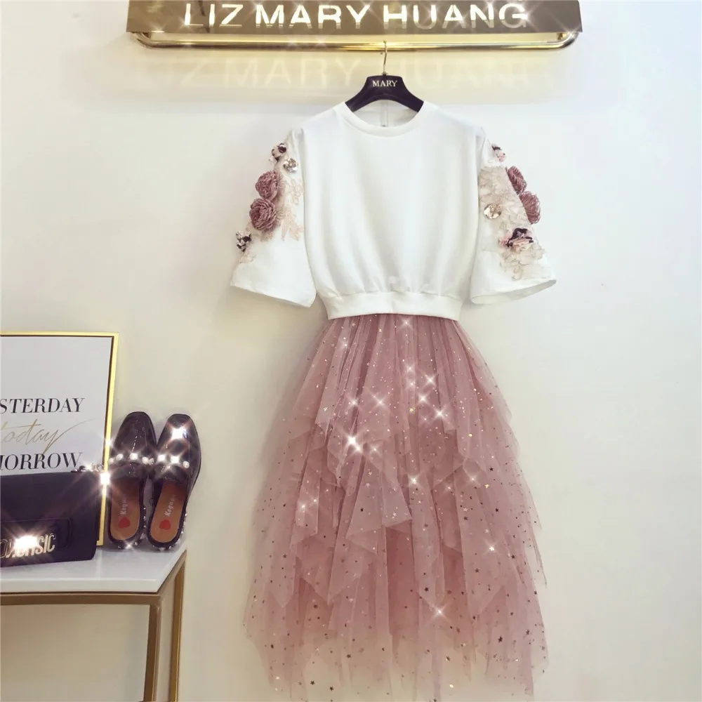 

High Quality Women Embroidery 3D Floral Topss+Sequined Irregular Mesh Cake Skirts Sets Clothes Suit