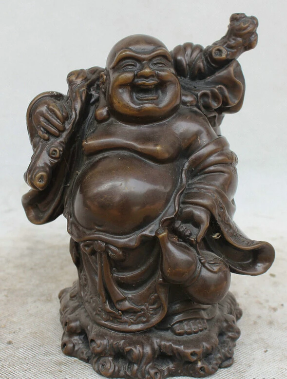 

USPS to USA S2083 7" Chinese Buddhism Bronze cucurbit moneybag Happy Laugh Maitreya Buddha Statue (B0328)