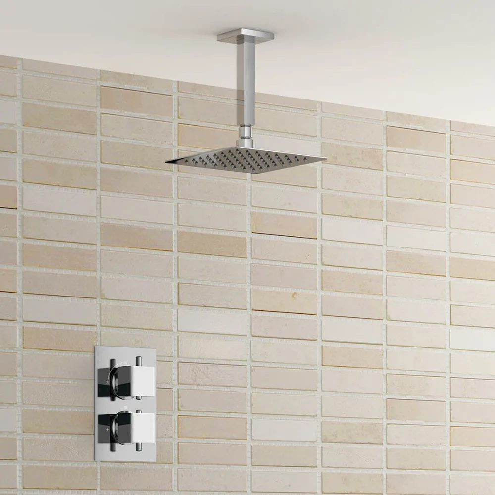

Square 8" Ceiling Thermostatic Mixer Shower Ultra Thin Head Chrome Bathroom Valve Shower Set