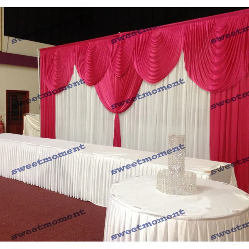 

3x6m Wedding backdrop with red detachable swag wedding curtain drape chiffon backdrop white petticoat on top