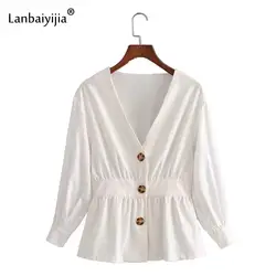Lanbaiyijia новые Винтаж Белый Глубокий v-образным вырезом однобортный рубашка Для женщин девять четверти рукавом плиссированные Хем модные