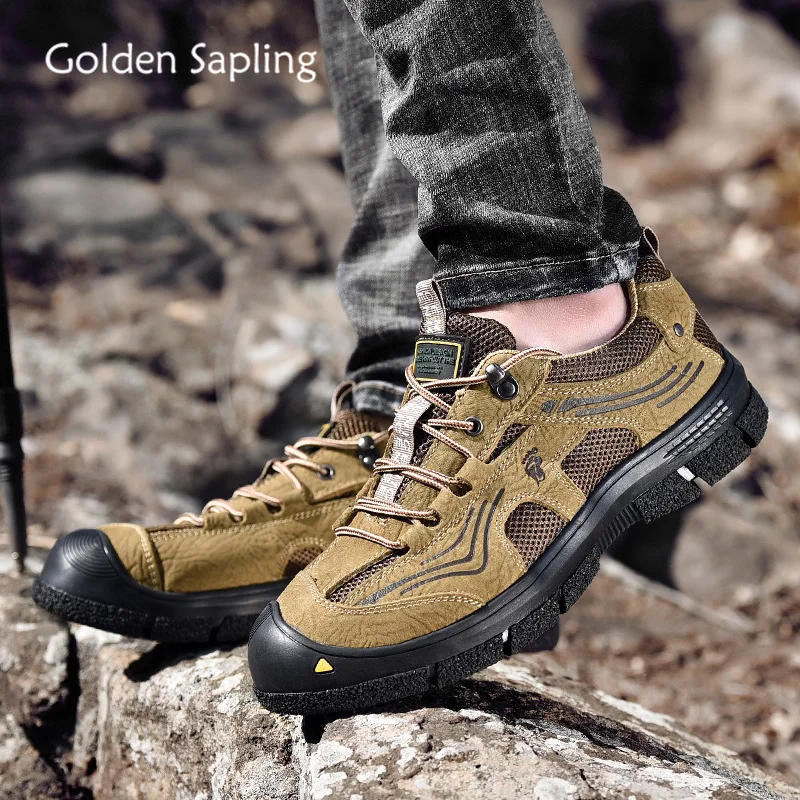 

Golden Sapling Comfortable Outdoor Shoes Men Breathable Leather Fabric Sneakers Man Mountain Climbing 2019 Summer Hiking Shoes