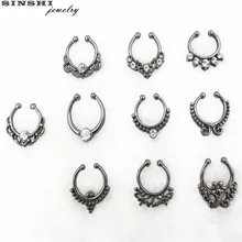 SINSHI 2017 New Trendy Rhinestones Punk Hoop nose Ring Jewellery For Women Black Crystal Fake Nose Rings Body Jewelry Wholesale