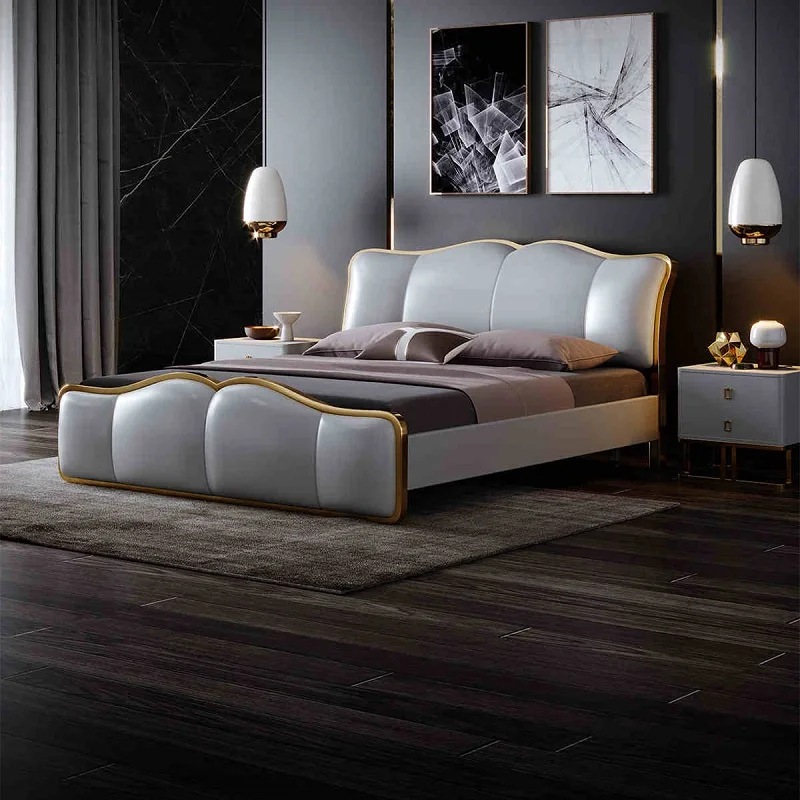 

Nordic style luxury bed metal frame solid wood leather bed