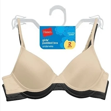 Hanes H126 Girls PaDDed Underwire Bra 2-Pack Size 30 Black And Nude (1)