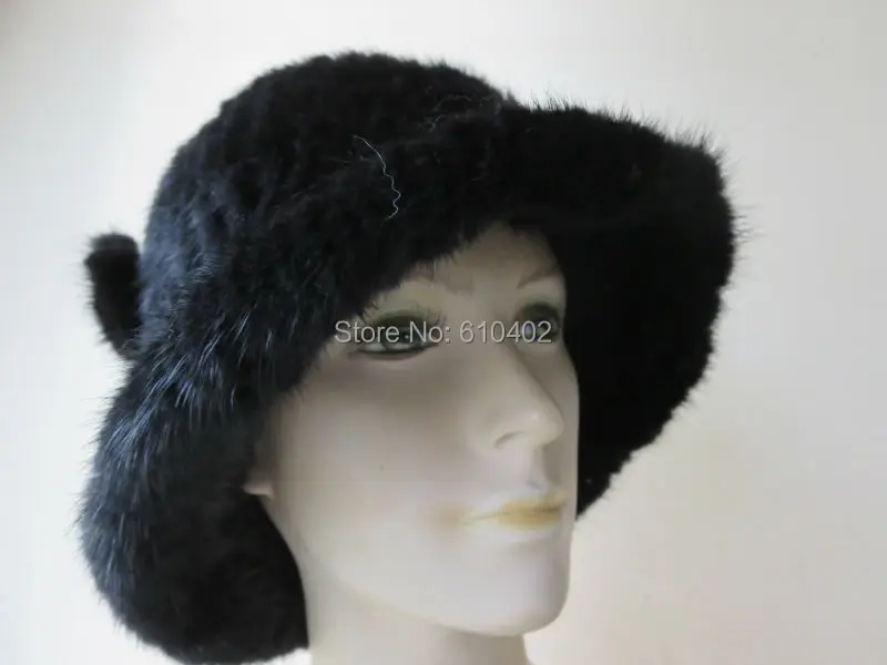 free shipping Lady s Genuine Real Mink Fur hand made knitted Top Hat black