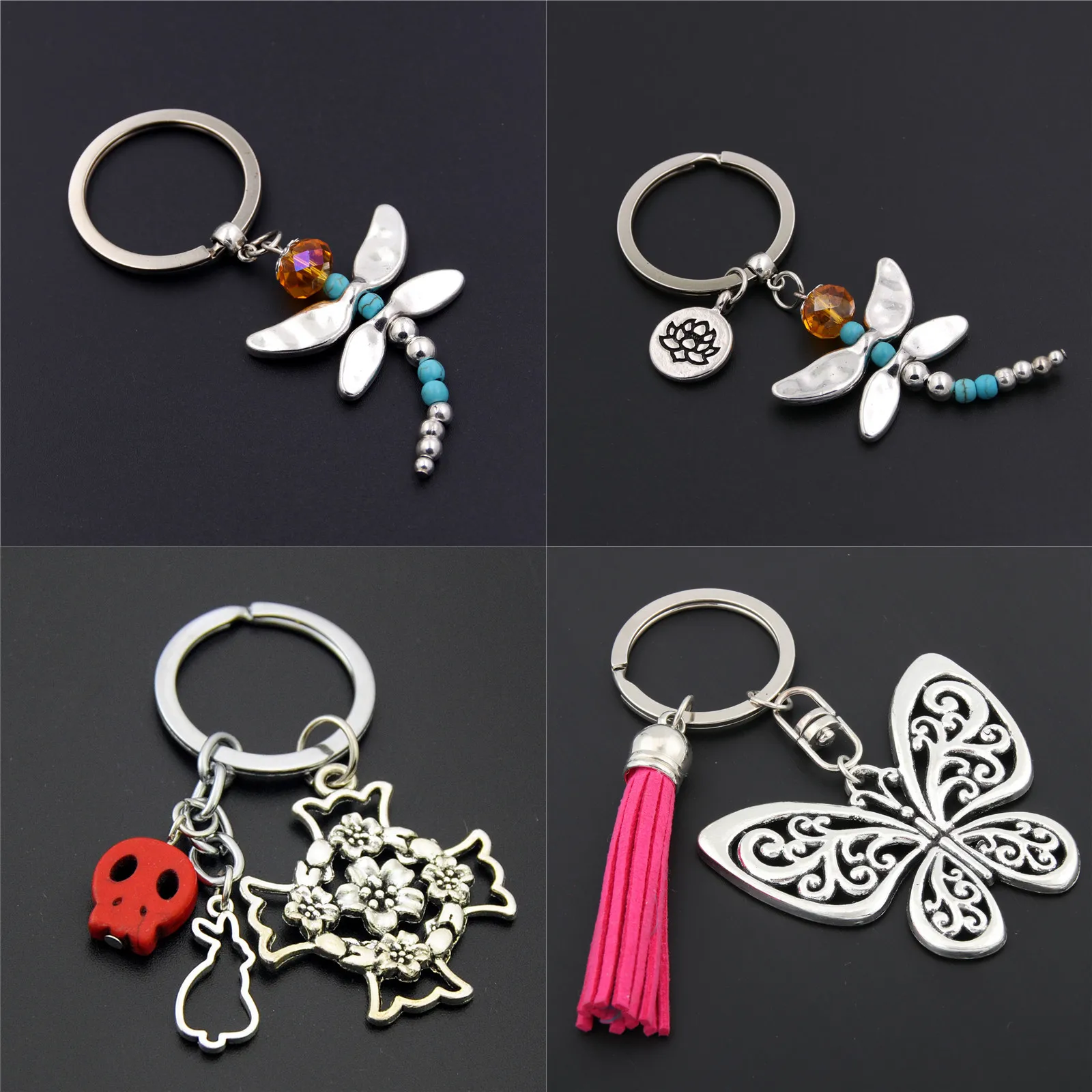 

1pc Dragonfly Charms With Lotus Keychains Cross Keyring Butterfly Pendant Key Chain For Women Animal Jewlery