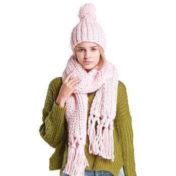

Women Handmade Scarf Hat Two-piece Set Solid Color Tassel Twist Extra Long Thick Warm Scarf Bufanda Mujer Invierno