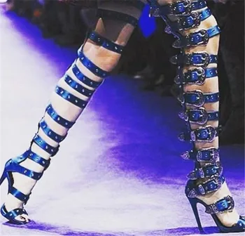 

Women Summer Sandals Sexy Buckle Strap Cutouts High Heels Long Boots Open Stage Catwalk Toe Over The Knee Lady Booties 2020
