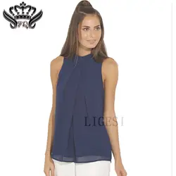 Для женщин Летняя Блузка Топы корректирующие повседневное шифоновое без рукавов Холтер плюс размеры Camisetas Mujer 2016 Verano