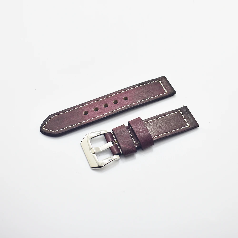 Handmade Vintage Wine Red Genuine Leather Strap Watch Band 20mm 22mm 24mm Bracelet Wrist Belt Watchband Classic Metal Buckle