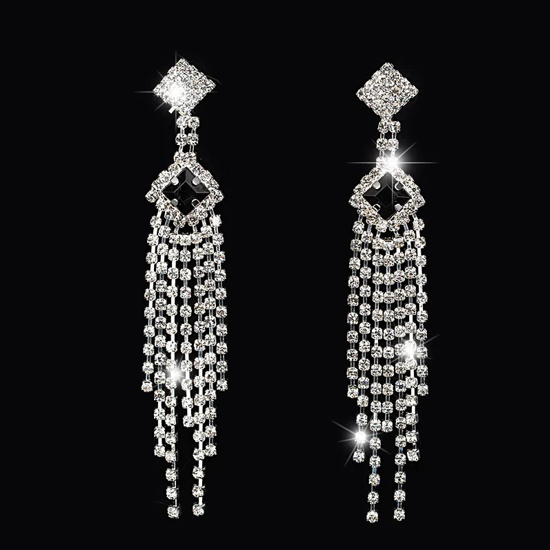 Charms Crystal Rhinestone Tassel Hanging Earrings Black Gem Long Pending Fringe Earings For