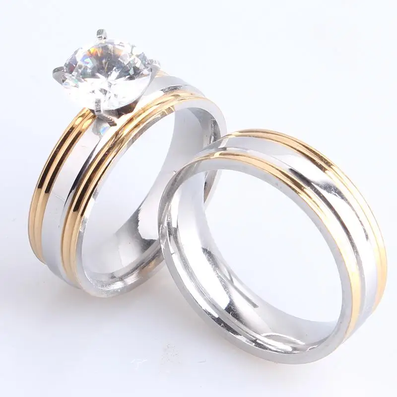 

free shipping 6mm gold color stripes Lovers zircon 316L Stainless Steel Wedding rings for women men wholesale