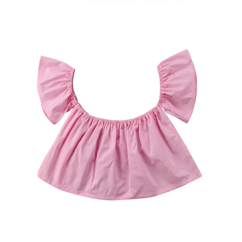 Модная блузка для новорожденных девочек; Летние однотонные топы с короткими рукавами для девочек; Топ принцессы с оборками и открытыми плечами