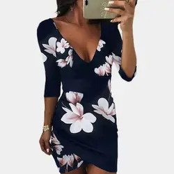 Новые модные летние женское платье печати V шеи Повседневное Sexy Тонкий Bodycon половина рукава спинки женские вечерние мини плотно платье Vestidos