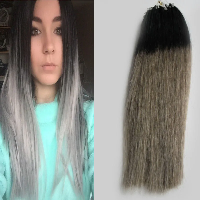 Silver Gray Hair Extensions Human Loop 100g Two Tone Hair Silver