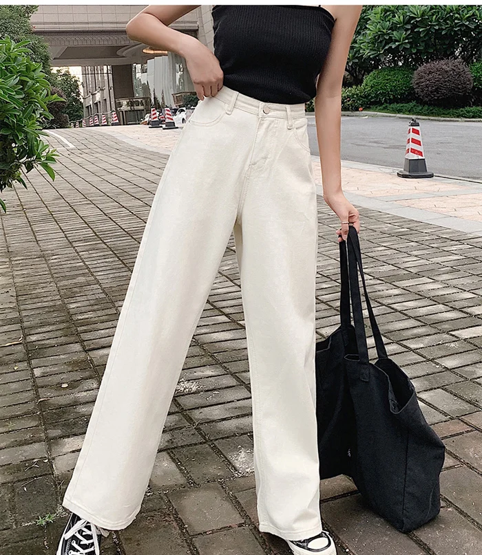 Women Denim Jeans Wide-leg Pants Straight Loose Zipper Casual High Waist Long Jeans White Blue Autumn Female Jeans S-XL