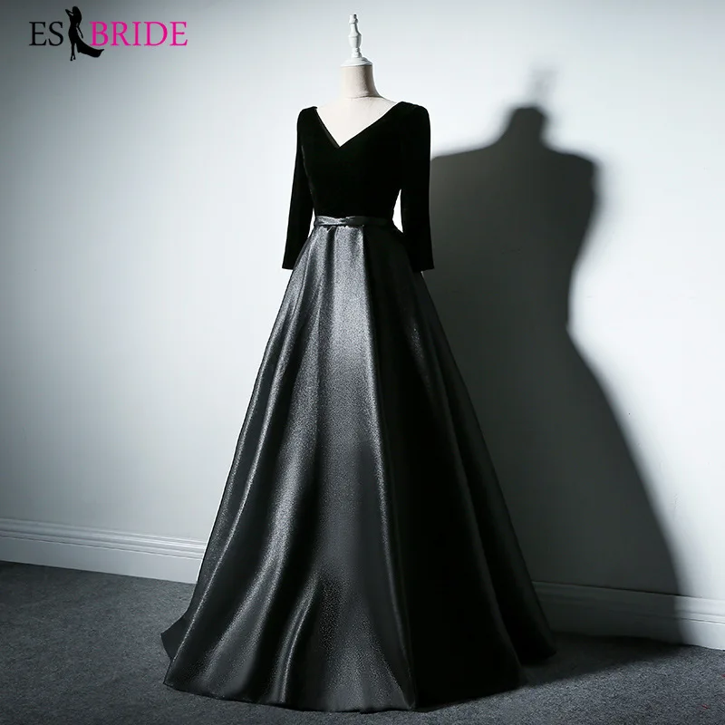 Черное мусульманское вечернее платье, Длинные вечерние платья, сексуальное платье с v-образным вырезом, элегантное платье трапециевидной формы для особых случаев ES2521