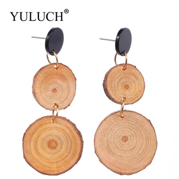 

YULUCH Fashion Extra Round Natural Wood Pendant Trendy Brown Drop Earring Metal Hook Jewelry Earrings For Women