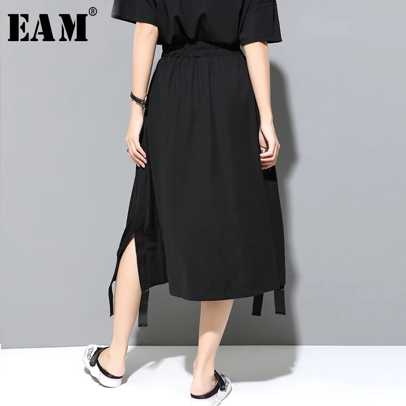 

[EAM] 2019 New Spring Summer High Elastic Waist Black Ribbon Split Joint Loos Temperament Half-body Skirt Women Fashion JX502