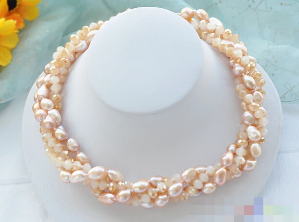 

06401 4row pink baroque pearl faceted crystal bead necklace