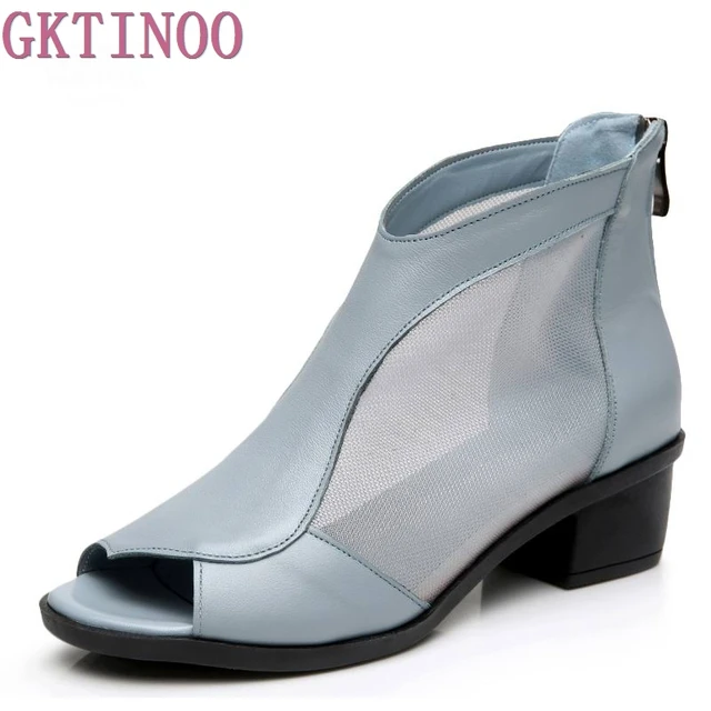 fashion women's genuine leather summer shoes open toe sandals lace net boots thick heel mujer sandals gladiator gauze size 35-41