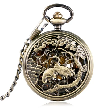 

Vintage Crane Chinese Mascot Design Men Pocket Watch 2016 New Bronze Women Mechanical Hand Wind Clock Gift