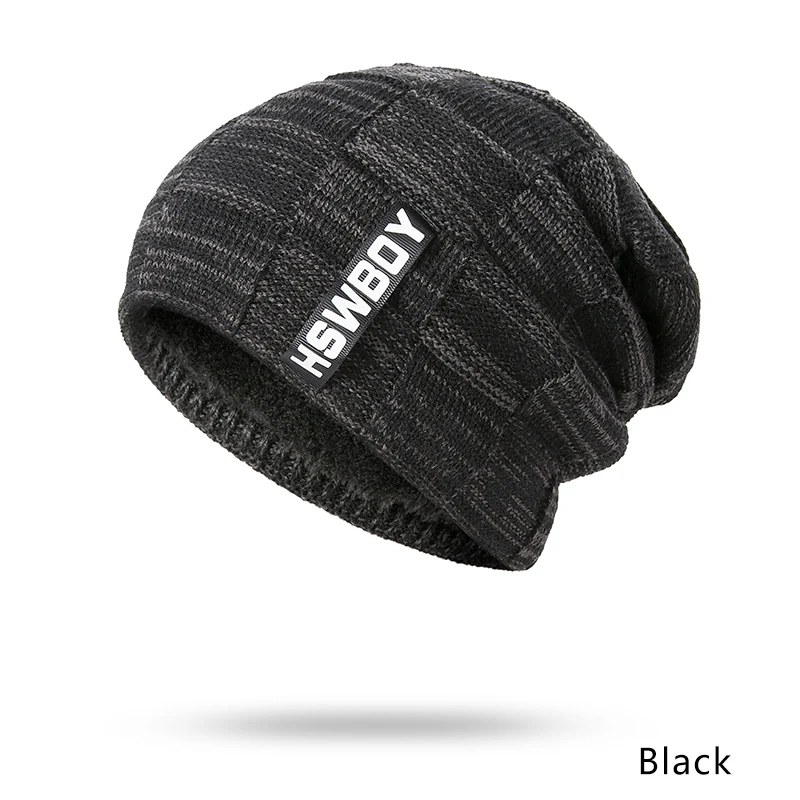 IWINTER, 2 шт., зимняя теплая шапка, шарф, набор для мужчин, Skullies Beanies, плюс бархат, толстая зимняя шапка, шарф, вязаная шапка, шапочка унисекс - Цвет: Black Hat