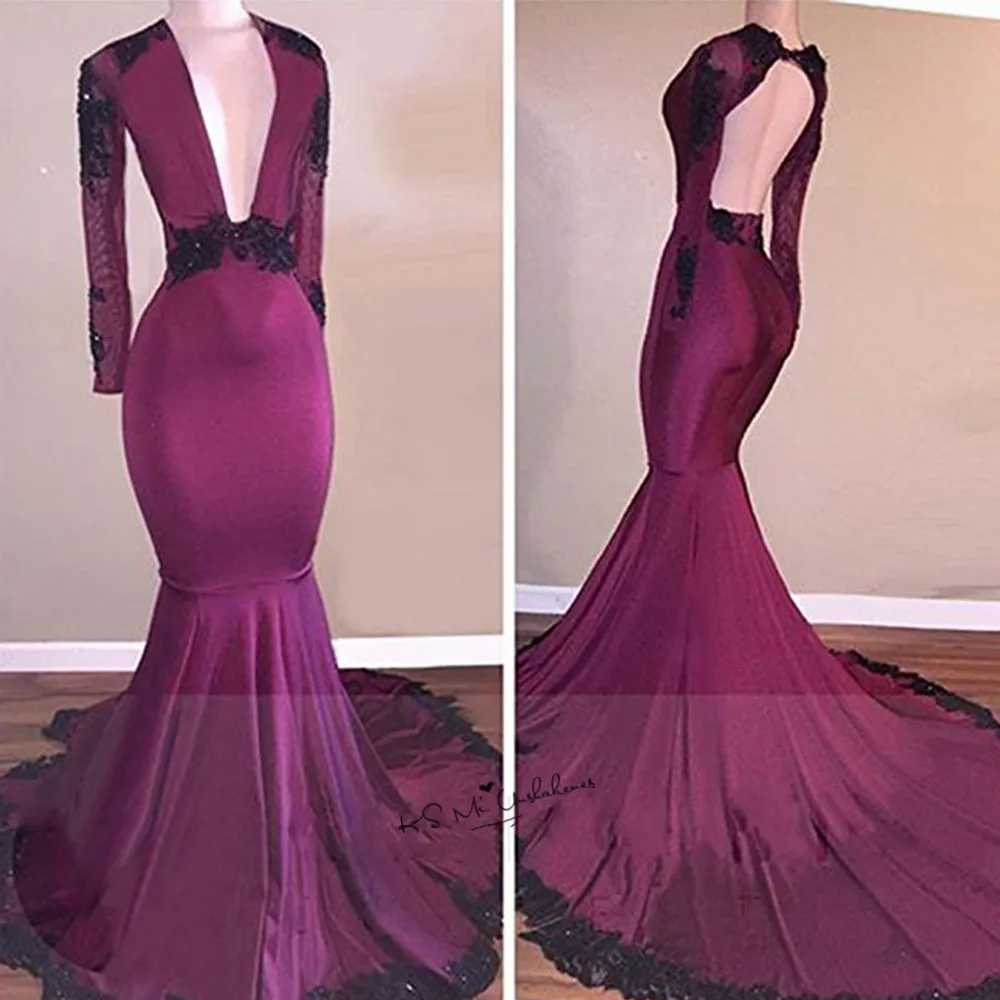 

Sexy Long Sleeve Evening Dresses Mermaid Wine Black Lace Deep V Neck African Prom Dress 2018 Vestidos fe Festa Sweep Train Beads