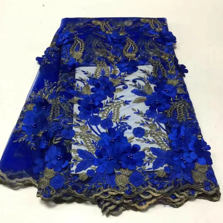 

5 Yards/pc Wonderful royal blue french net lace with appliqued beads african mesh lace fabric for dress BN87-1