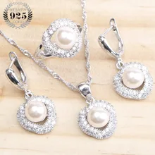 Круглые жемчужные 925 пробы серебряные Свадебные Ювелирные наборы серьги для женщин Свадебные ювелирные изделия CZ Кольцо Кулон ожерелье набор подарочная коробка