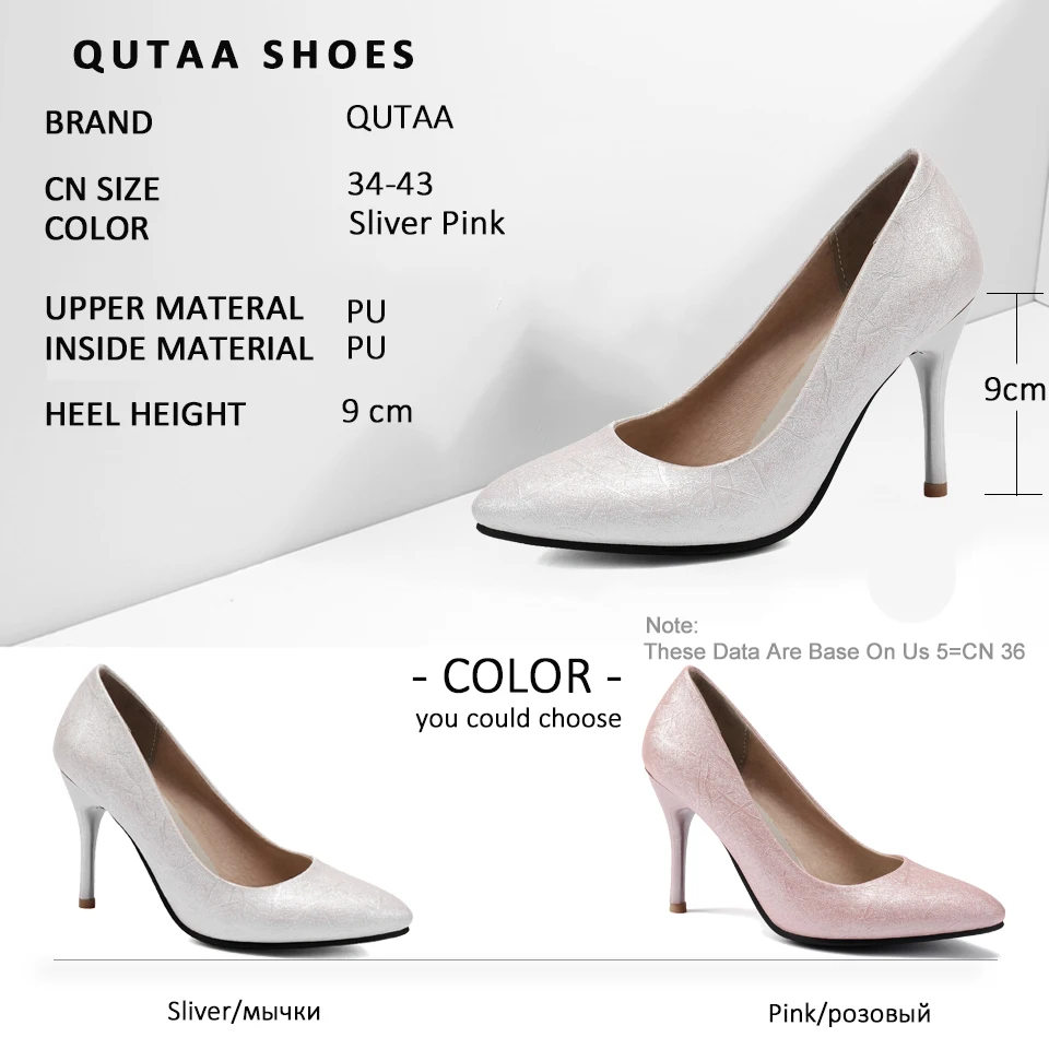 QUTAA/ г. Женские туфли-лодочки модные тонкие туфли из искусственной кожи на высоком тонком каблуке с острым носком и яркой стороной размеры 34-43