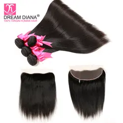 DreamDiana бирманские прямые волосы с фронтальной 3 Remy Weave Связки с фронтальной 100% человеческие волосы 13x4 кружева фронтальные с пучками