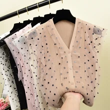 Women V-Neck Knitted Sleeveless Patchwork Dot Mesh Sweaters Cardigans Lady Knit Sweet Stretchy Thin Tank Top for Female pink scoop neck patchwork splited hem thin sweaters