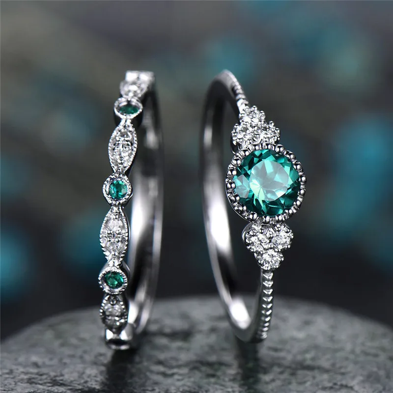 ZN Fashion Jewelry 2pc Ring For Women Micro-inlaid Blue Green Zircon Ring Engagement  Lady Ring Valentine's Day Gifts
