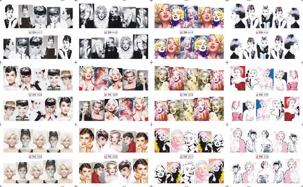 

SALE ! 1Lot=20sheets .12 in one sheet New Style Nail Art Water Sticker Marilyn Monroe and Audrey Hepburn in 2016 for BN025-036
