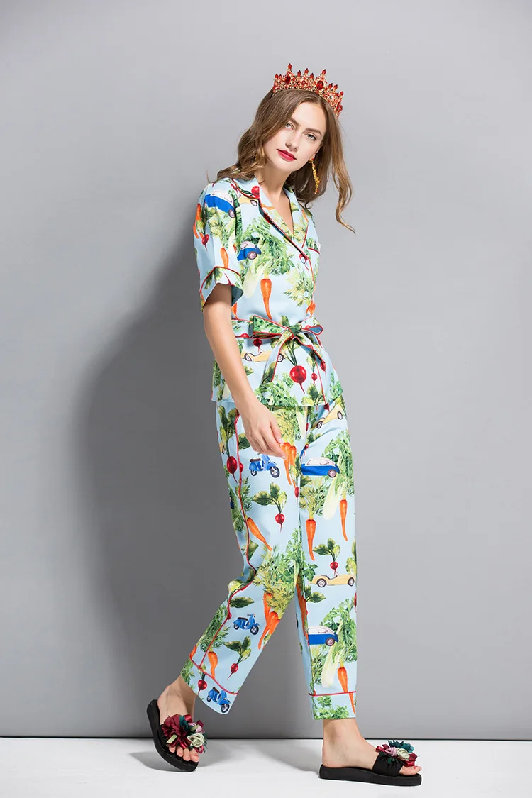Women Set Two Piece Set Summer Short Sleeve Top Long Pants Suit Print Suit Straight Pants New