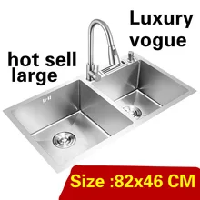 Бытовая большая кухонная ручная раковина двойной паз роскошный растягивающийся кран 304 из нержавеющей стали Горячая 82x46 см
