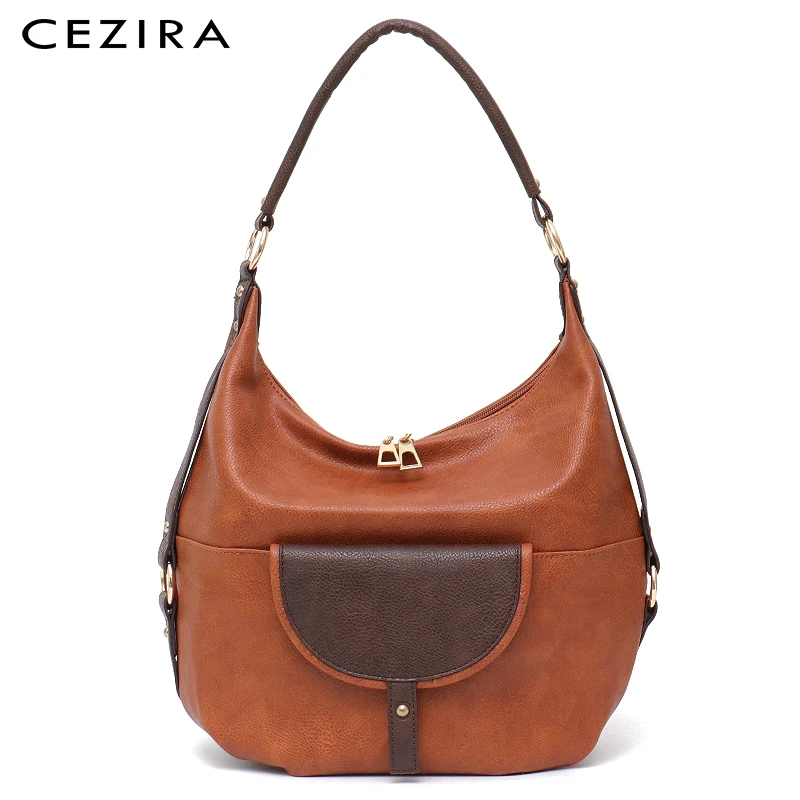 CEZIRA Brand Vegan Leather Women Hobo Bag Large Shoulder Bags Front Pocket Paneled Color High ...