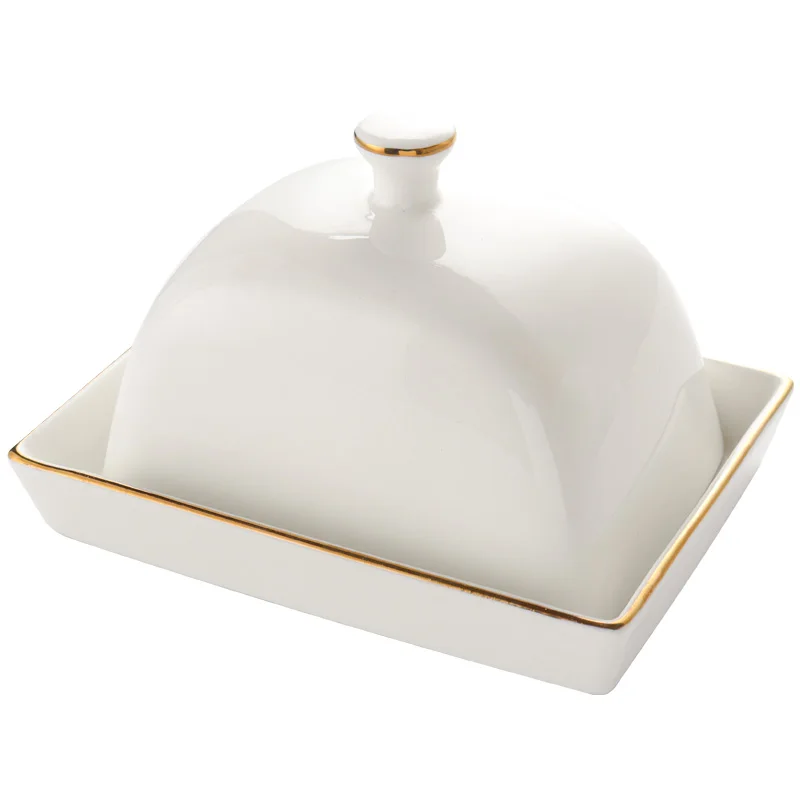 

Quail 6 Inch Butter Sealing Tank,Ceramic,White,with Lid,Cheese Server Storage Keeper Tray Cheese Dish,golden Trim