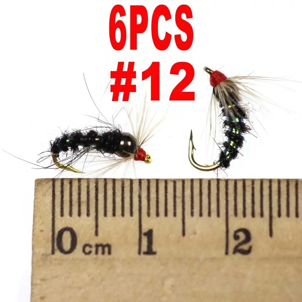 Bimoo 6 шт.#8#10#12 Радужная коричневая форель Greyling Char Caddis металлический латунный шарик голова Nymph Премиум Рыбалка Мухи черный оливковый - Цвет: size 12 black 6pcs