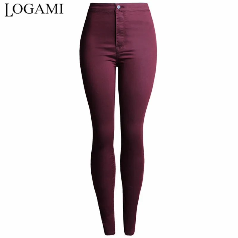 wine red LOGAMI/Новые однотонные обтягивающие джинсы для женщин с высокой талией; сезон весна-лето; узкие джинсы для женщин; эластичные джинсовые штаны - Цвет: wine red