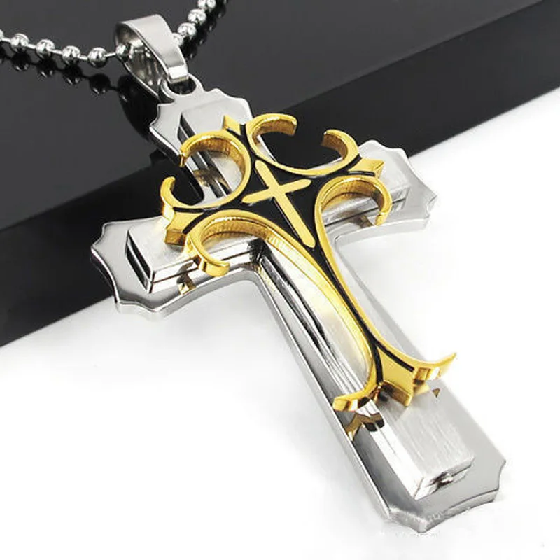 HNSP, модное Золотое серебряное ожерелье с крестом, кулон для Мужчин, Ювелирные изделия из нержавеющей стали